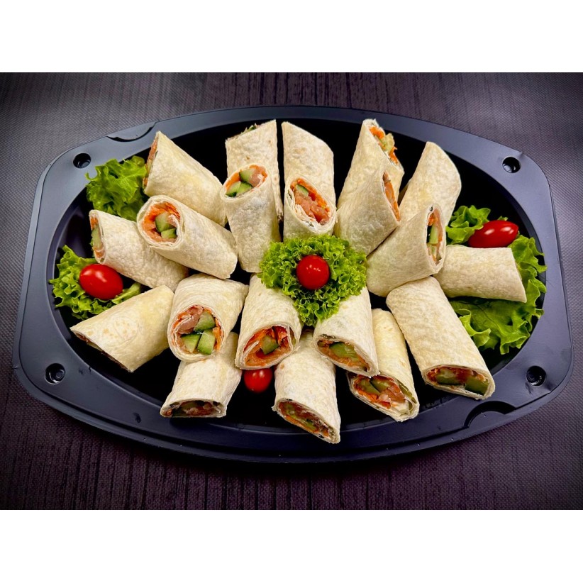 Πιατέλα 20 τμχ τορτίγιες σολομό, philadelphia cream cheese, άνηθο, πίκλα αγγούρι, καρότο